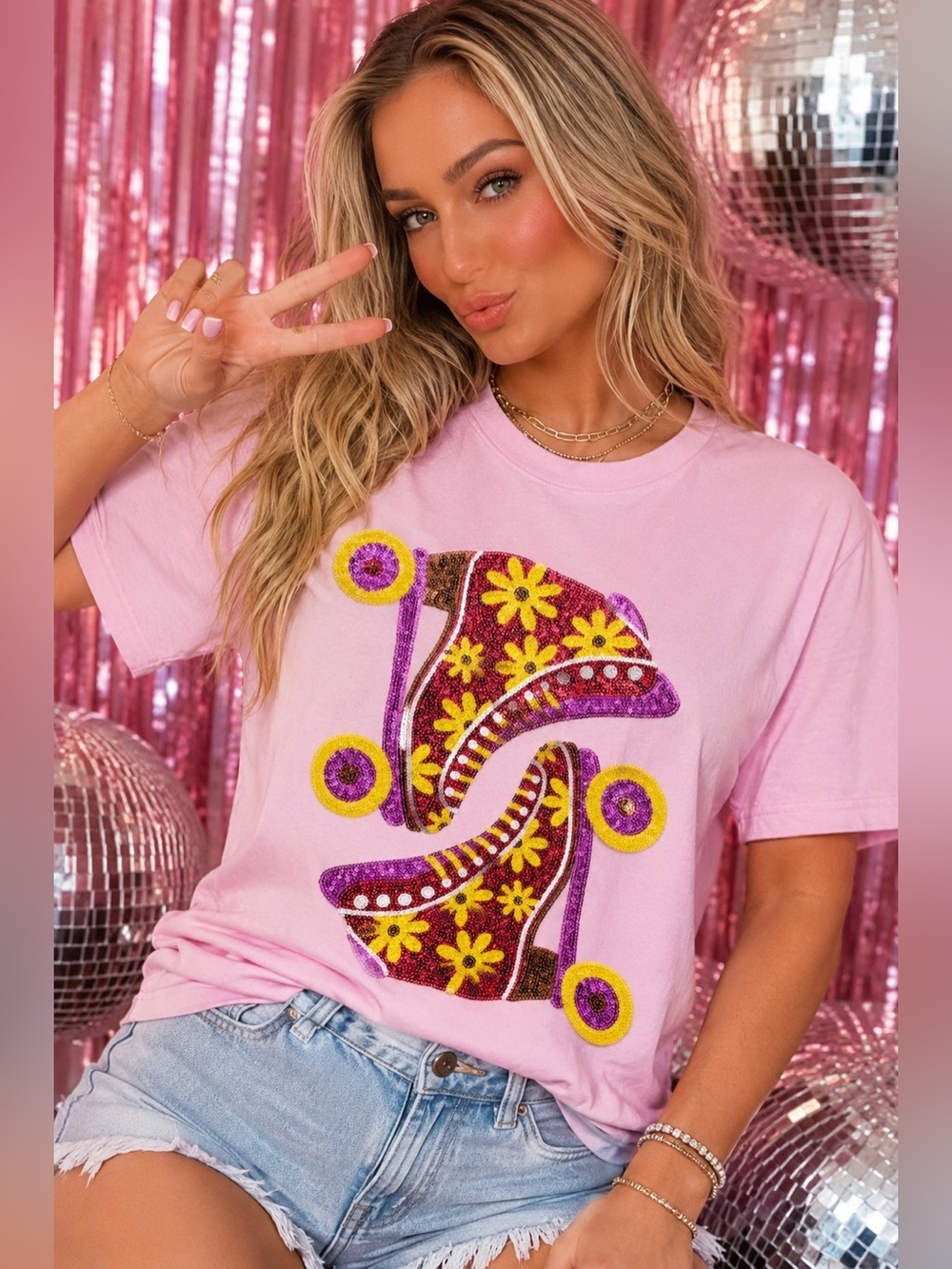 Groovy Baby Roller Skates Sequin Tee in Pink - Picture 4 of 7